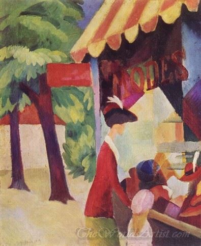 Vor Dem Hutladen Frau Mit Roter Jacke Und Kind (Front Of Hat Shop Woman With Red Jacket And Child)